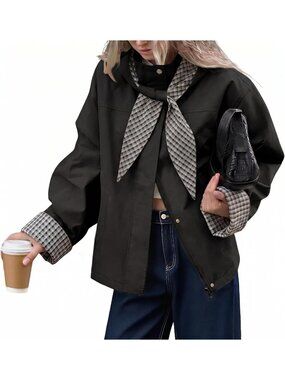 Women's Black Casual Fall Jacket With Plaid Detachable Hood Cropped Trench Coats